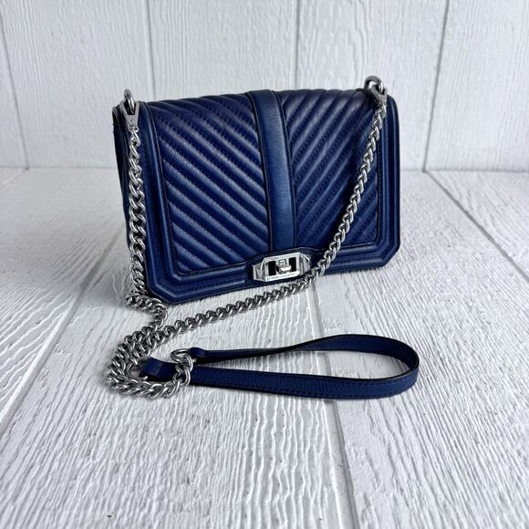 Rebecca Minkoff Chevron Quilted Love Crossbody Bag Blue Leather Chain Shoulder - Picture 1 of 12